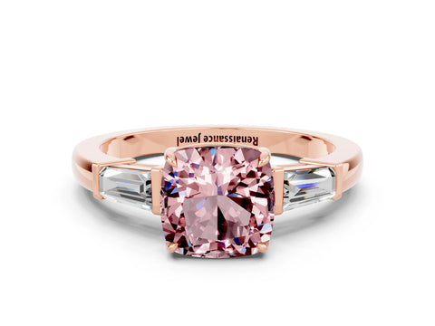 Rose gold Cushion Cut Cut Diamond Ring with Tapered Baguette Side Stones in Four-Prong Setting