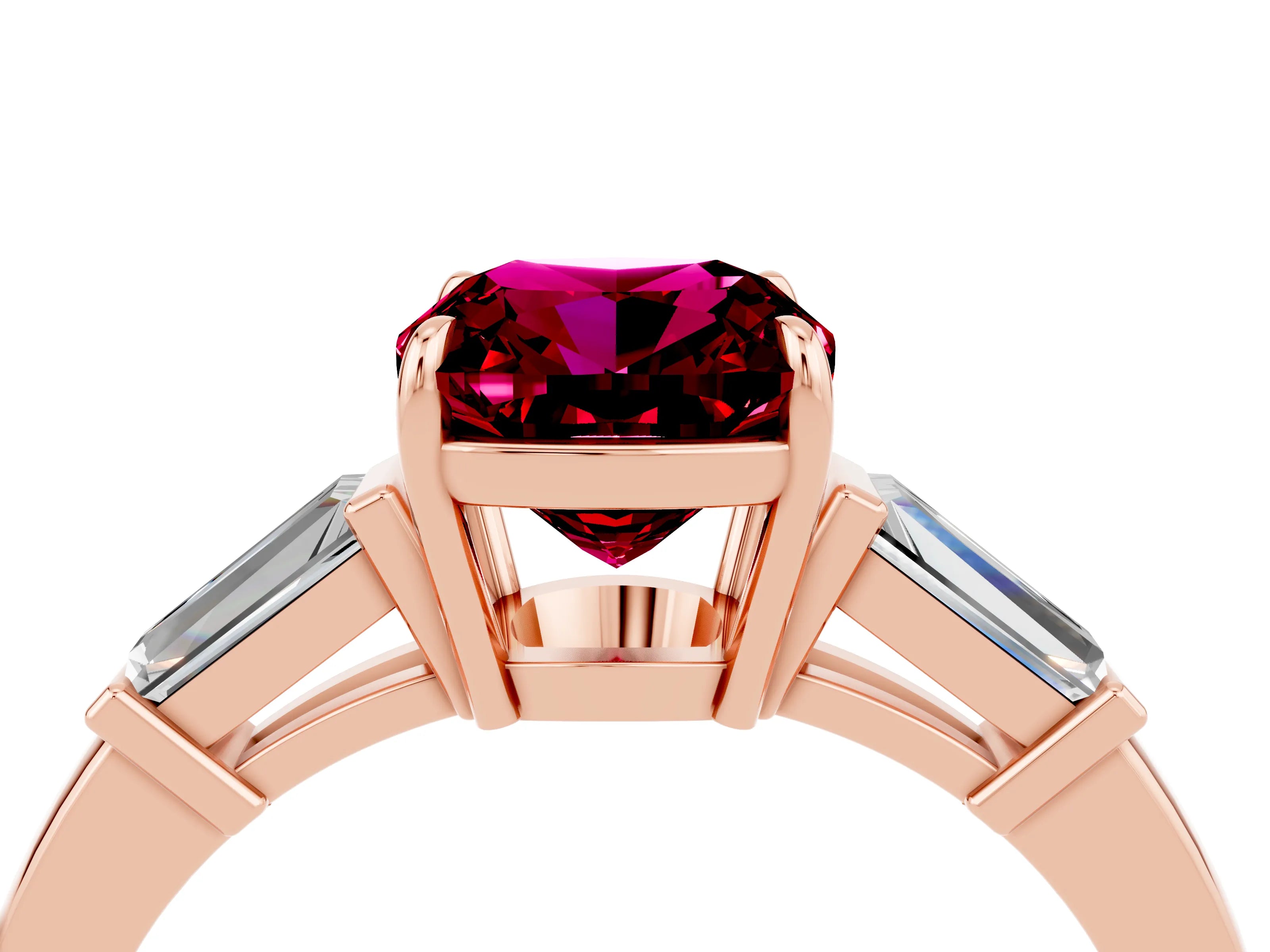 Rose gold Cushion Cut Cut Diamond Ring with Tapered Baguette Side Stones in Four-Prong Setting_4