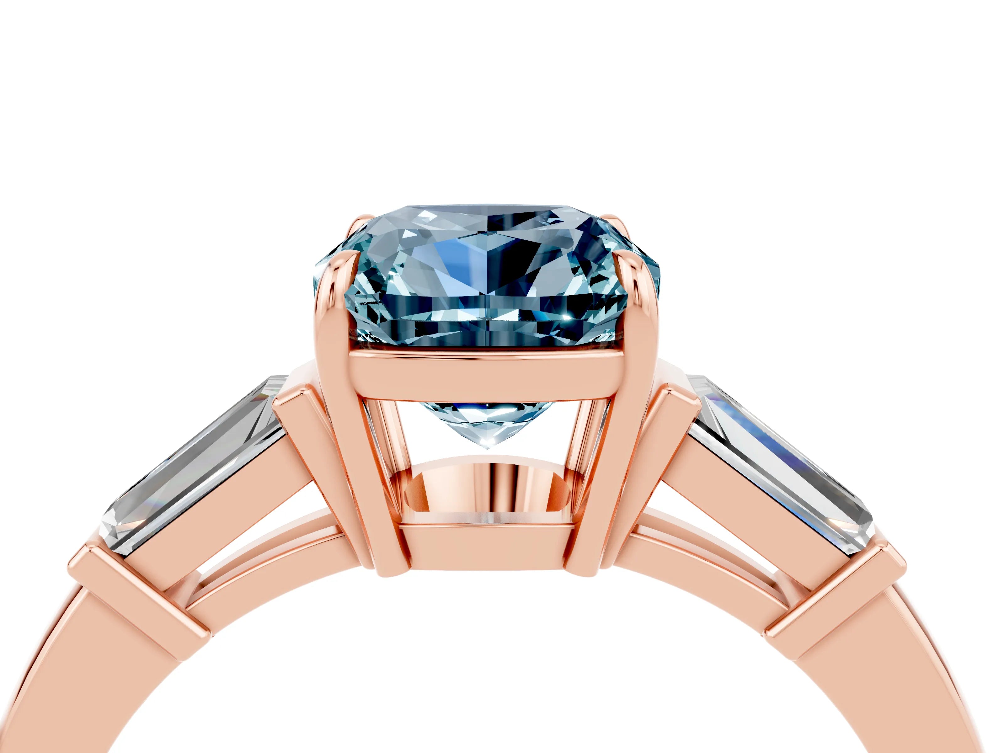 Rose gold Cushion Cut Cut Diamond Ring with Tapered Baguette Side Stones in Four-Prong Setting_4