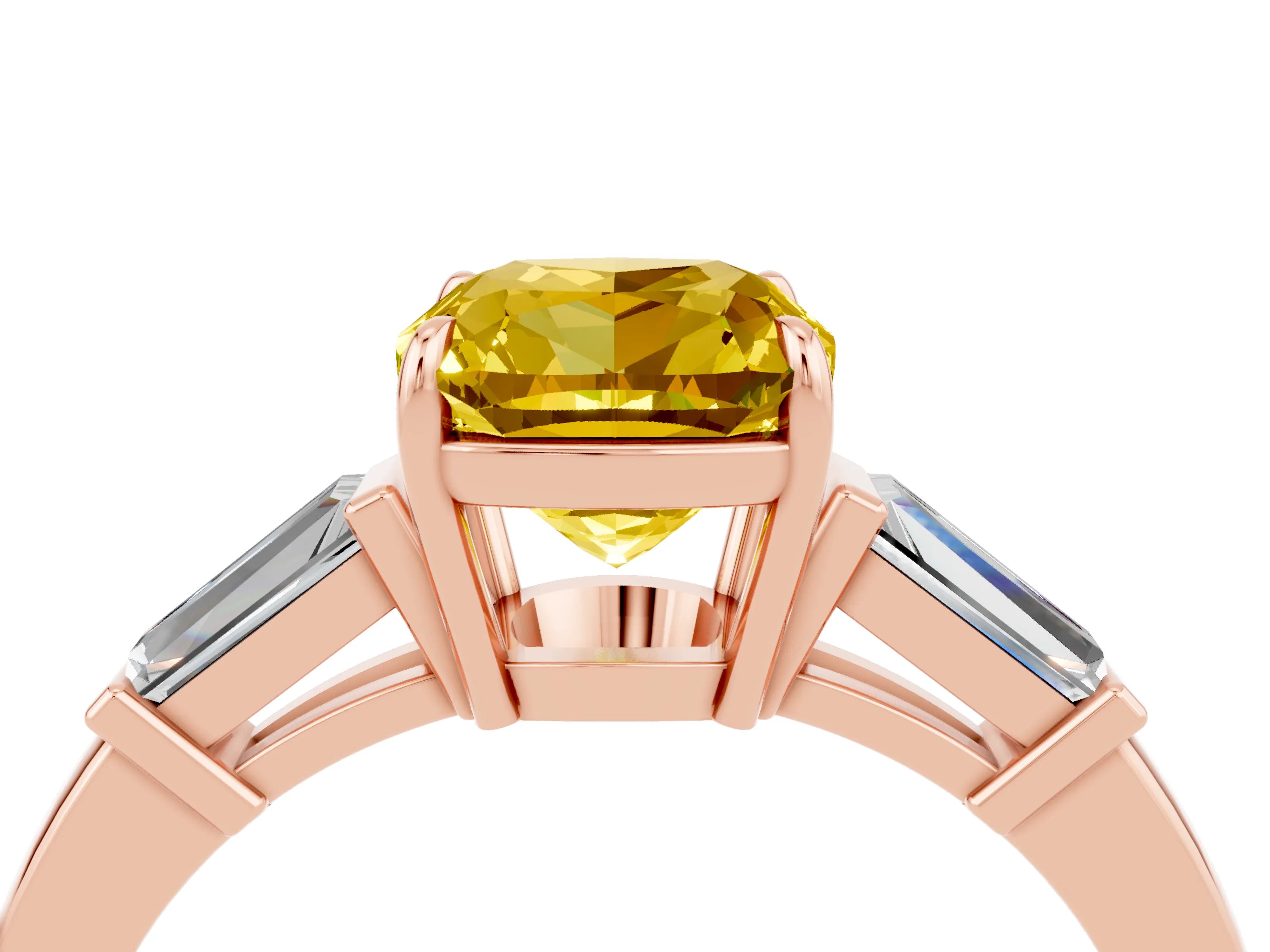 Rose gold Cushion Cut Cut Diamond Ring with Tapered Baguette Side Stones in Four-Prong Setting_4