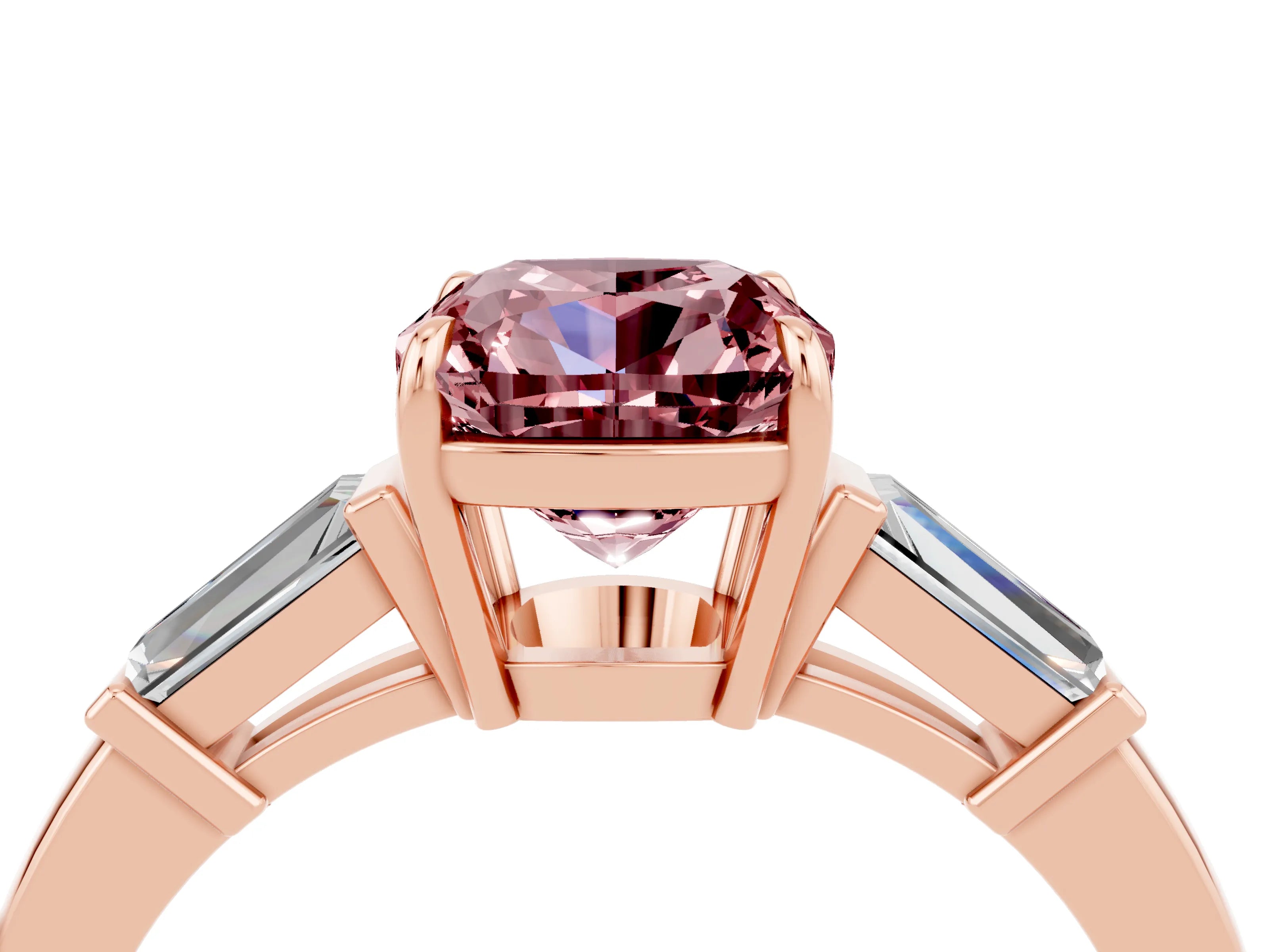 Rose gold Cushion Cut Cut Diamond Ring with Tapered Baguette Side Stones in Four-Prong Setting_4