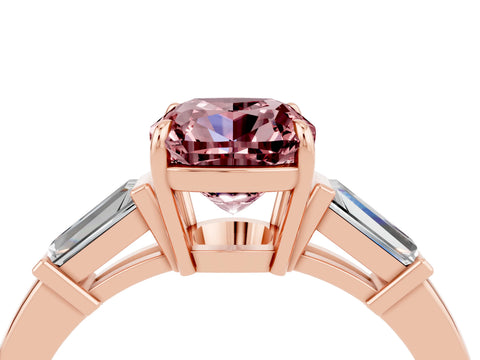 Rose gold Cushion Cut Cut Diamond Ring with Tapered Baguette Side Stones in Four-Prong Setting_4