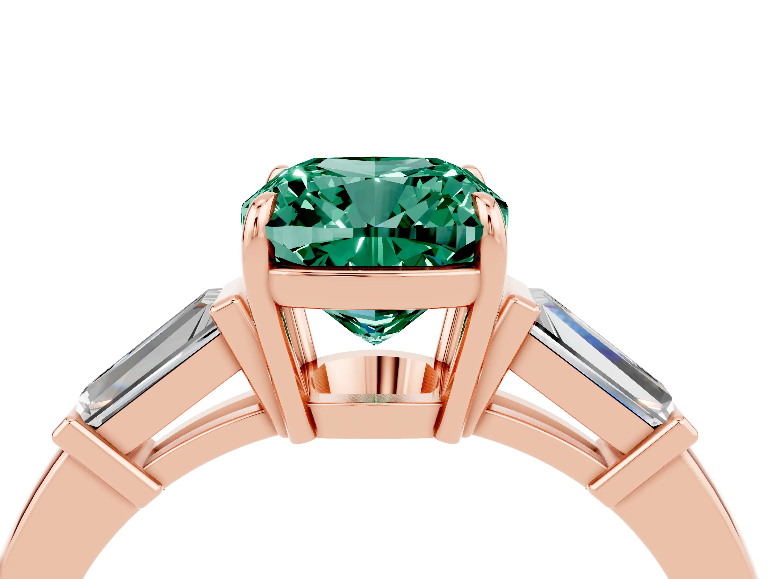 Rose gold Cushion Cut Cut Diamond Ring with Tapered Baguette Side Stones in Four-Prong Setting_4