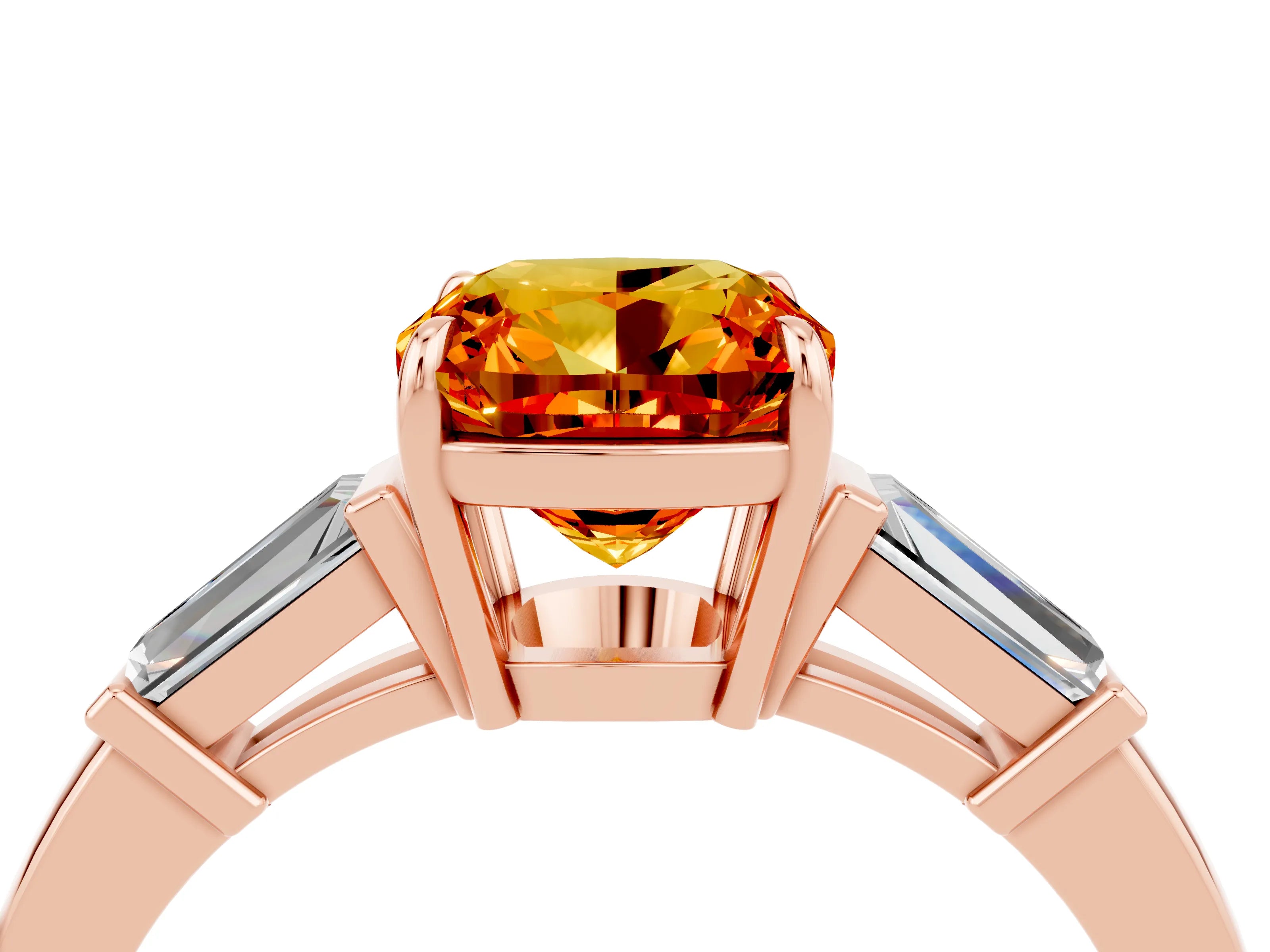 Rose gold Cushion Cut Cut Diamond Ring with Tapered Baguette Side Stones in Four-Prong Setting_4