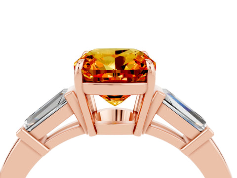 Rose gold Cushion Cut Cut Diamond Ring with Tapered Baguette Side Stones in Four-Prong Setting_4