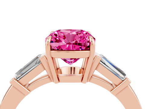 Rose gold Cushion Cut Cut Diamond Ring with Tapered Baguette Side Stones in Four-Prong Setting_4