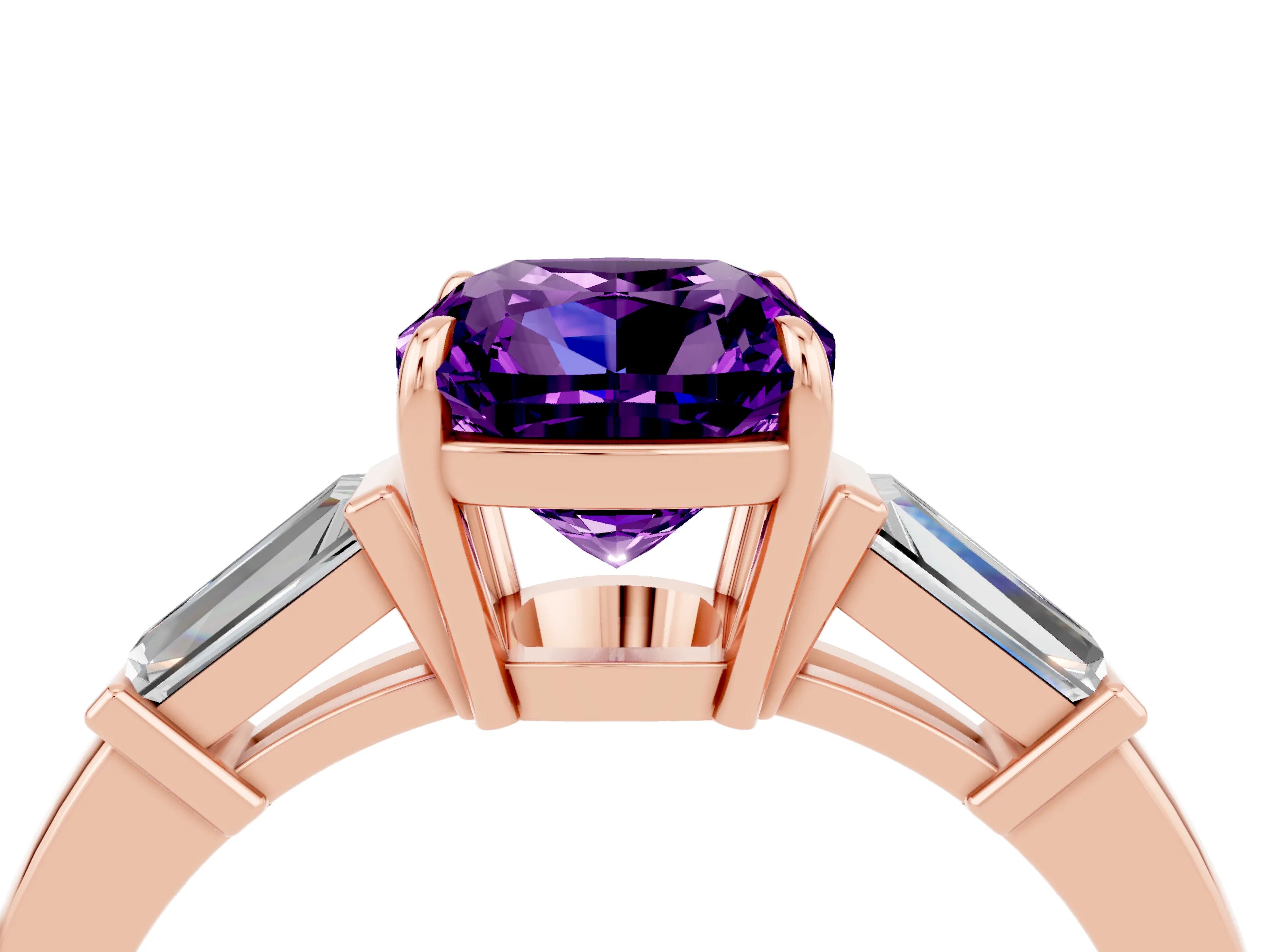 Rose gold Cushion Cut Cut Diamond Ring with Tapered Baguette Side Stones in Four-Prong Setting_4