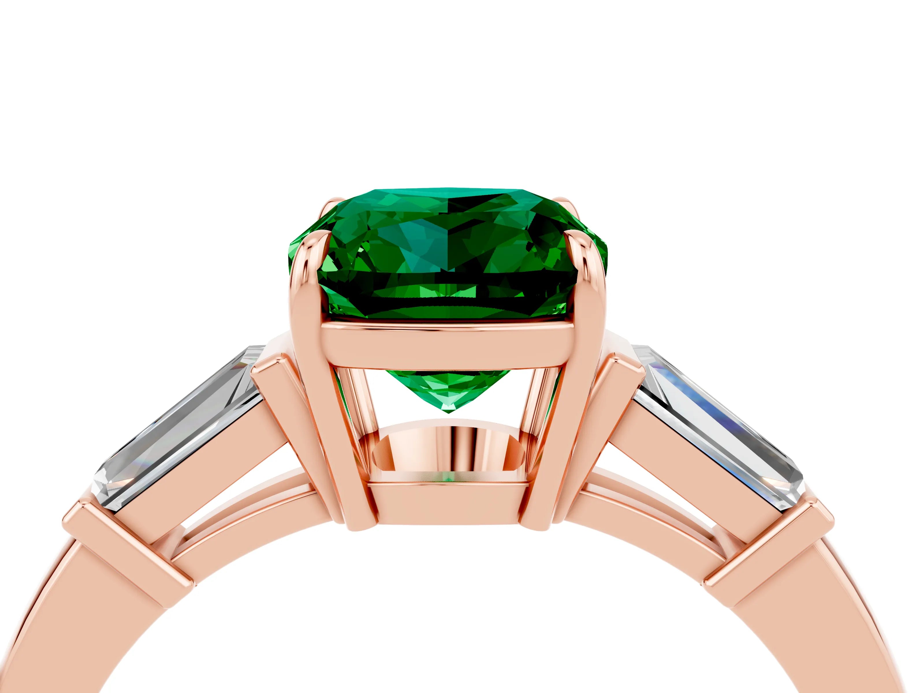 Rose gold Cushion Cut Cut Diamond Ring with Tapered Baguette Side Stones in Four-Prong Setting_4