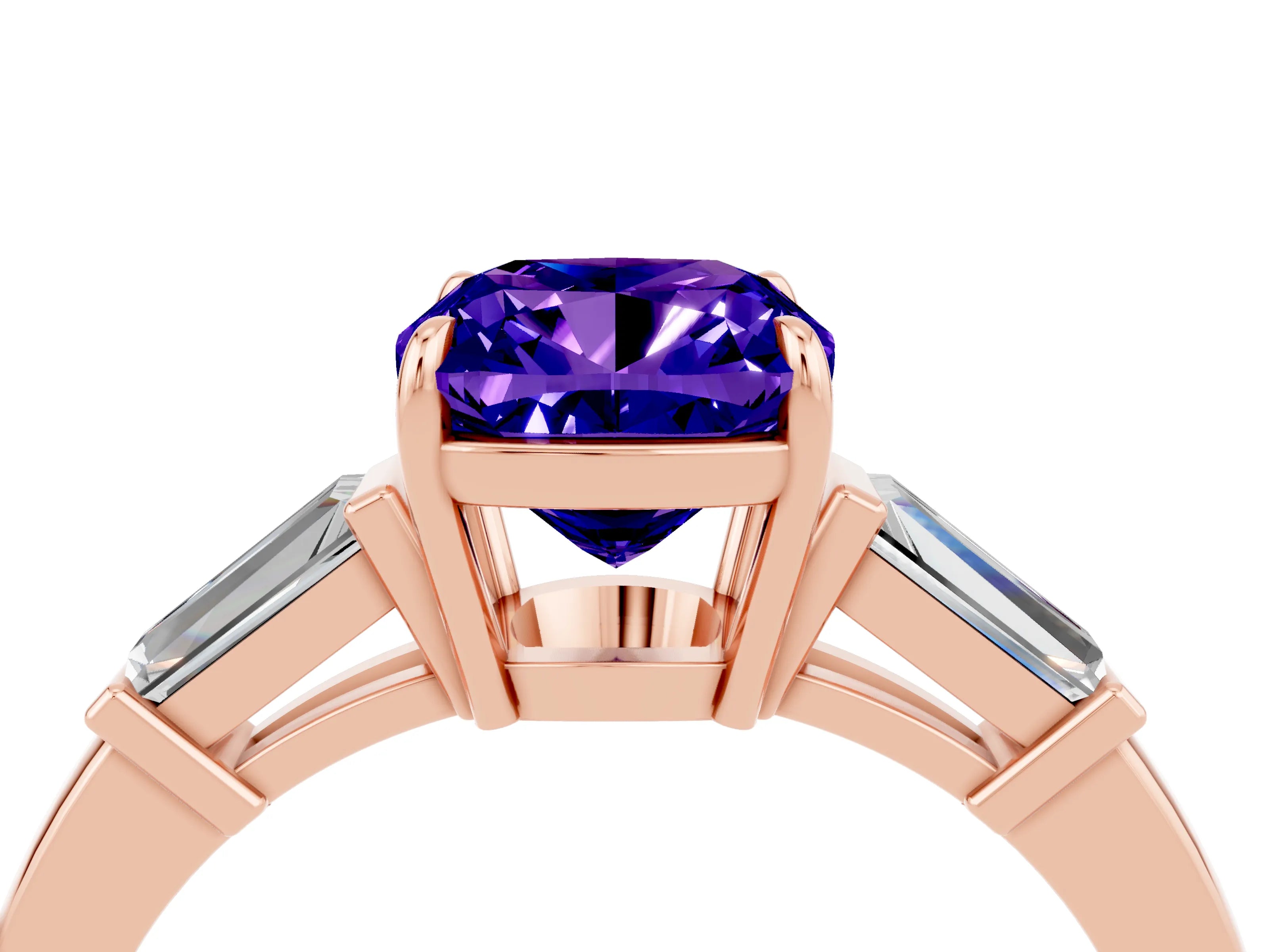 Rose gold Cushion Cut Cut Diamond Ring with Tapered Baguette Side Stones in Four-Prong Setting_4