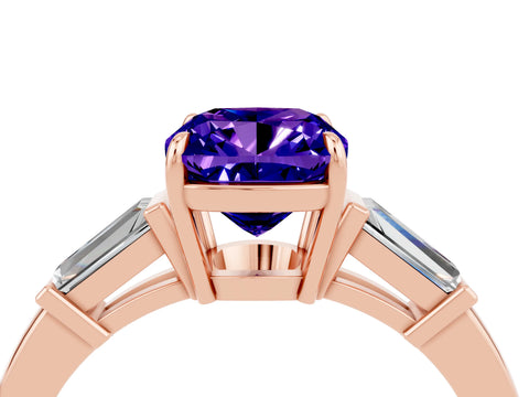 Rose gold Cushion Cut Cut Diamond Ring with Tapered Baguette Side Stones in Four-Prong Setting_4
