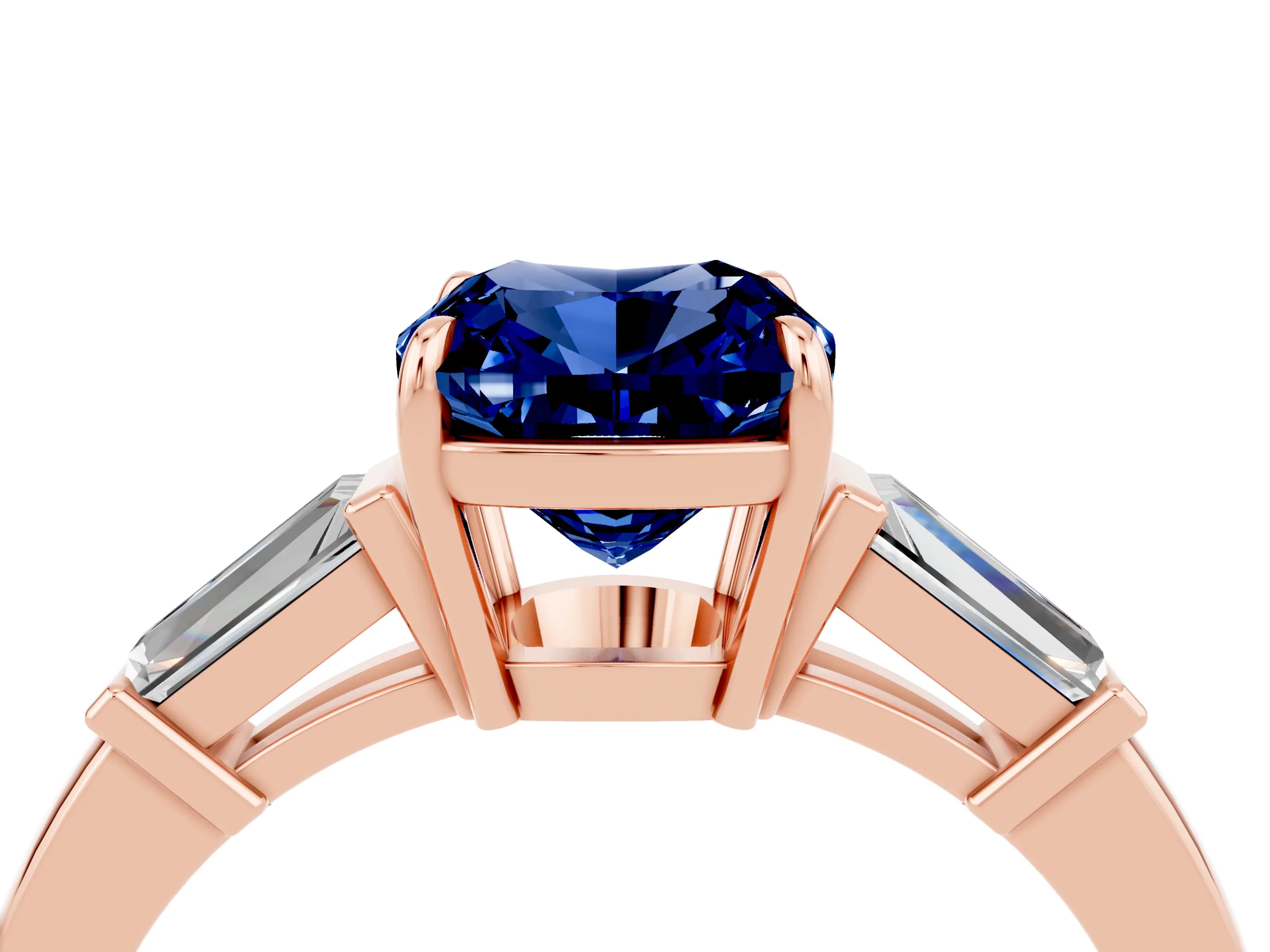 Rose gold Cushion Cut Cut Diamond Ring with Tapered Baguette Side Stones in Four-Prong Setting_4