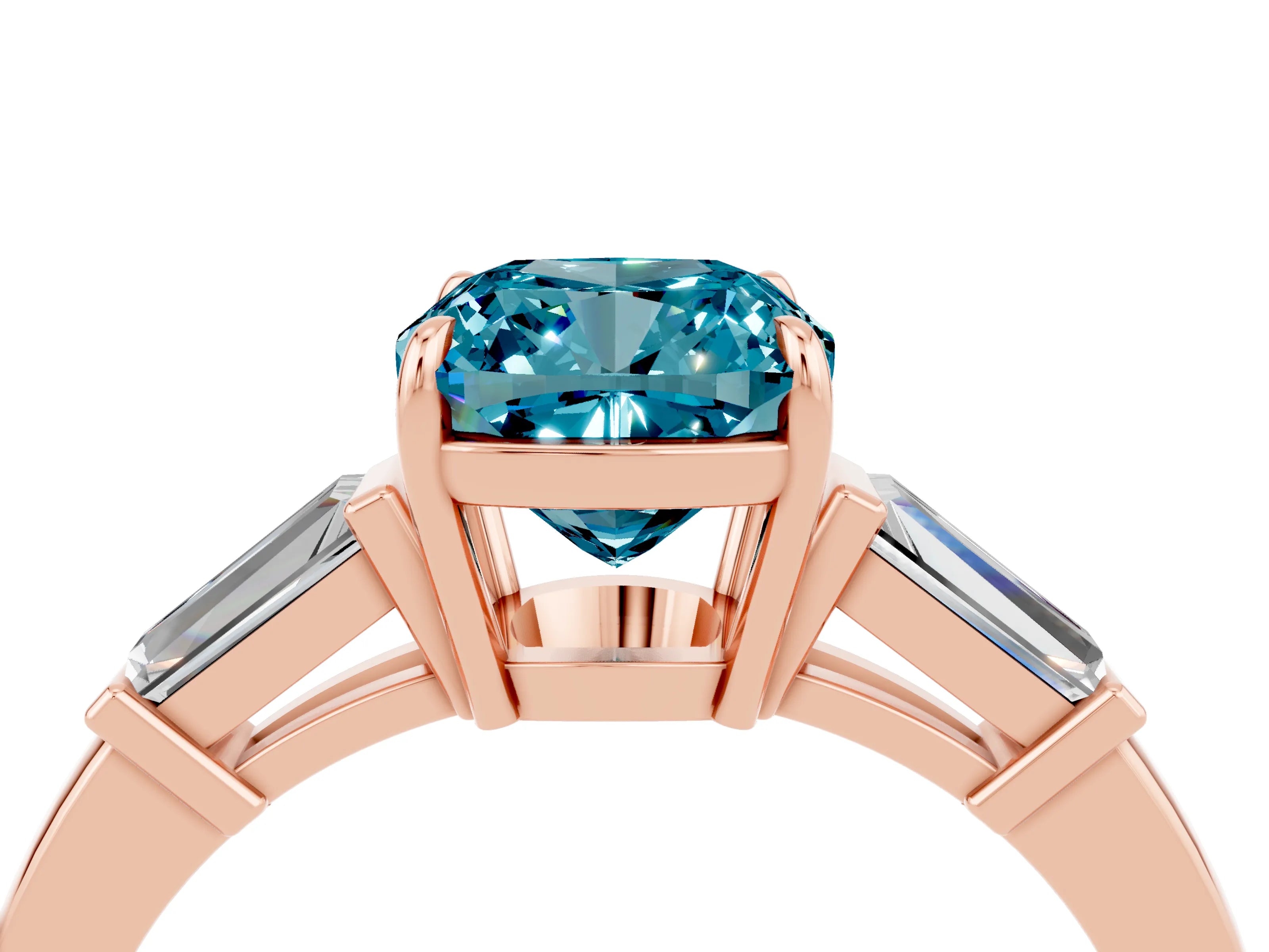 Rose gold Cushion Cut Cut Diamond Ring with Tapered Baguette Side Stones in Four-Prong Setting_4