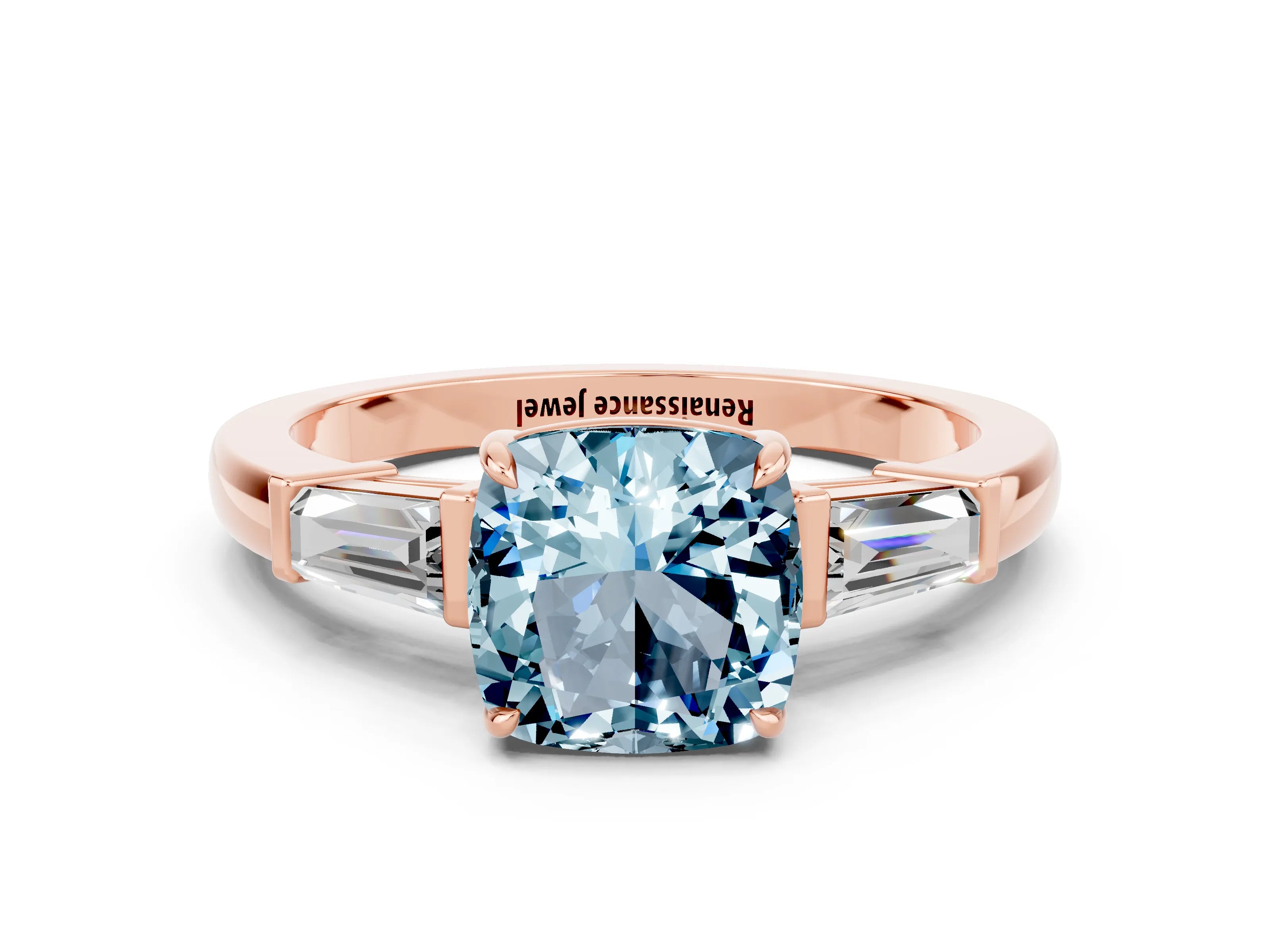 Rose gold Cushion Cut Cut Diamond Ring with Tapered Baguette Side Stones in Four-Prong Setting