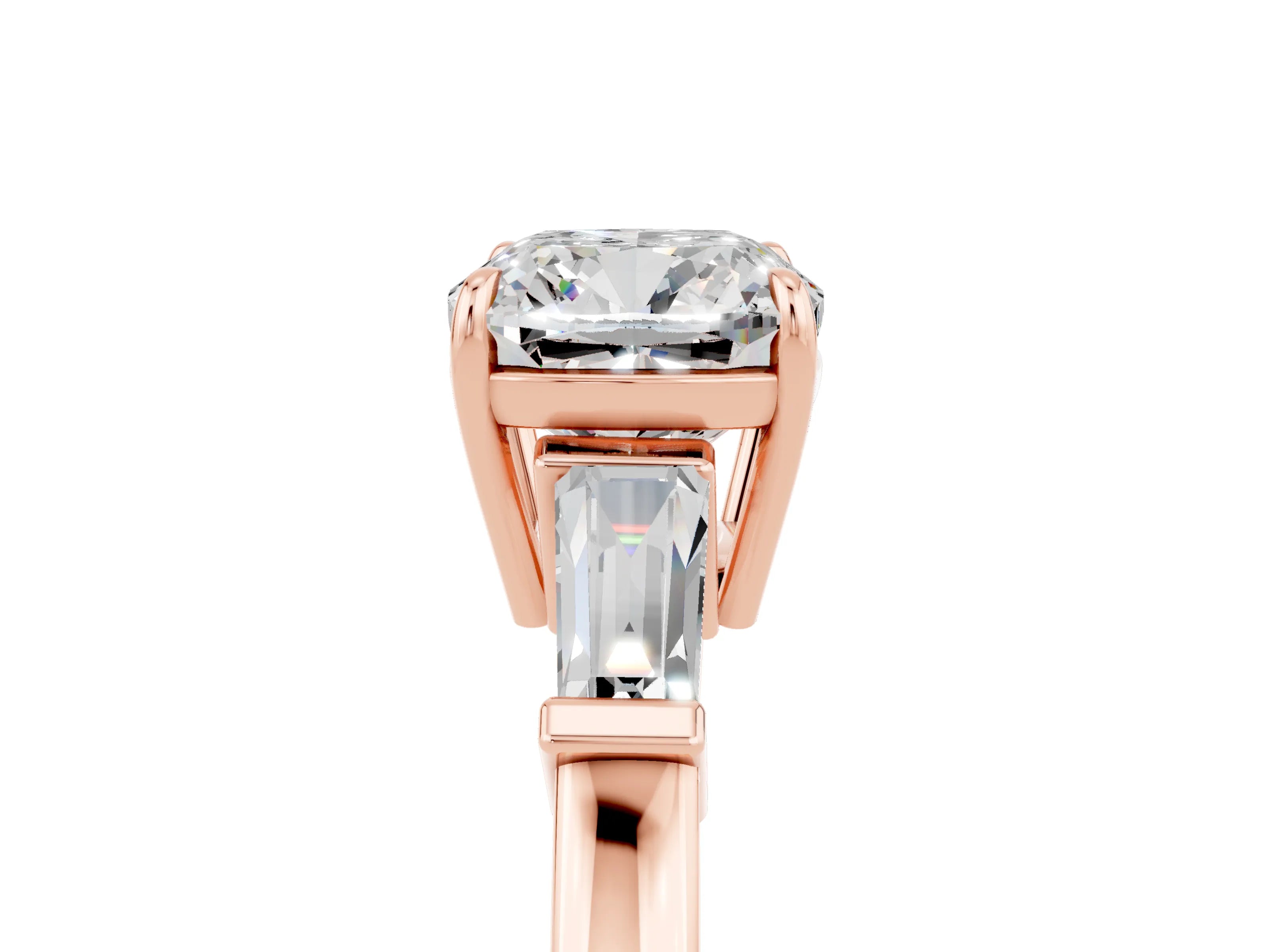 Rose gold Cushion Cut Cut Diamond Ring with Tapered Baguette Side Stones in Four-Prong Setting_5