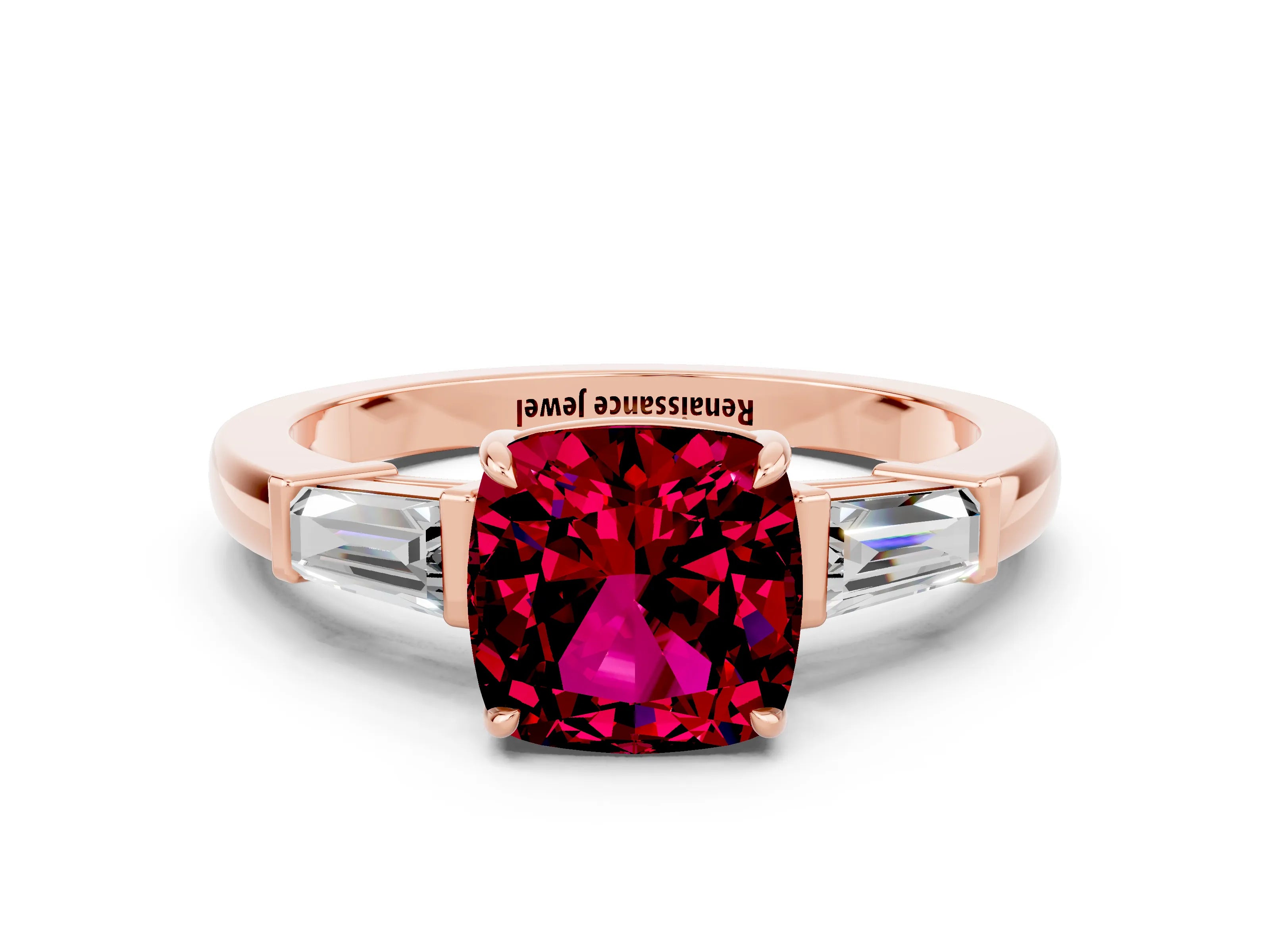 Rose gold Cushion Cut Cut Diamond Ring with Tapered Baguette Side Stones in Four-Prong Setting