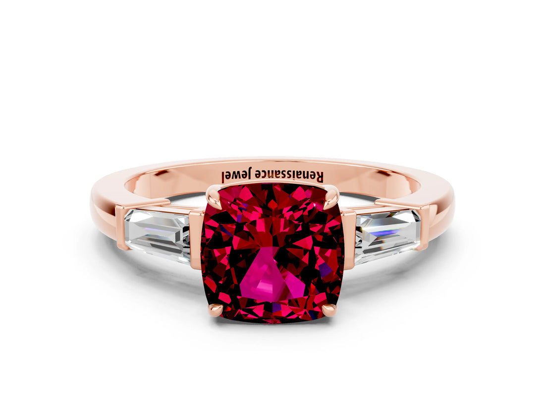 Rose gold Cushion Cut Cut Diamond Ring with Tapered Baguette Side Stones in Four-Prong Setting