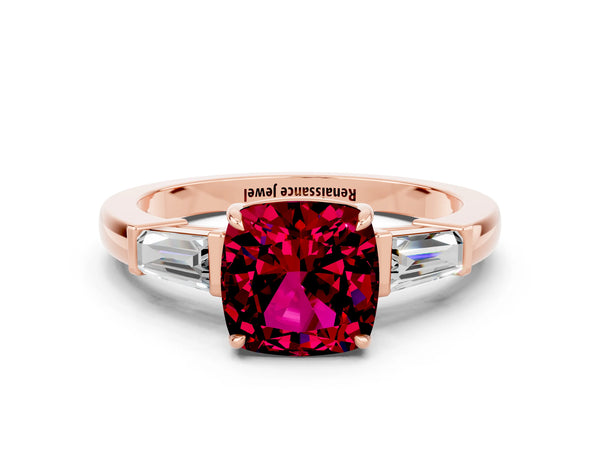 Rose gold Cushion Cut Garnet Three-Stone Ring with Tapered Baguette Side Stones and Prong Setting