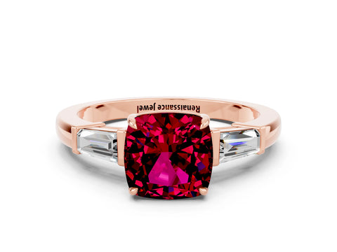 Rose gold Cushion Cut Cut Diamond Ring with Tapered Baguette Side Stones in Four-Prong Setting