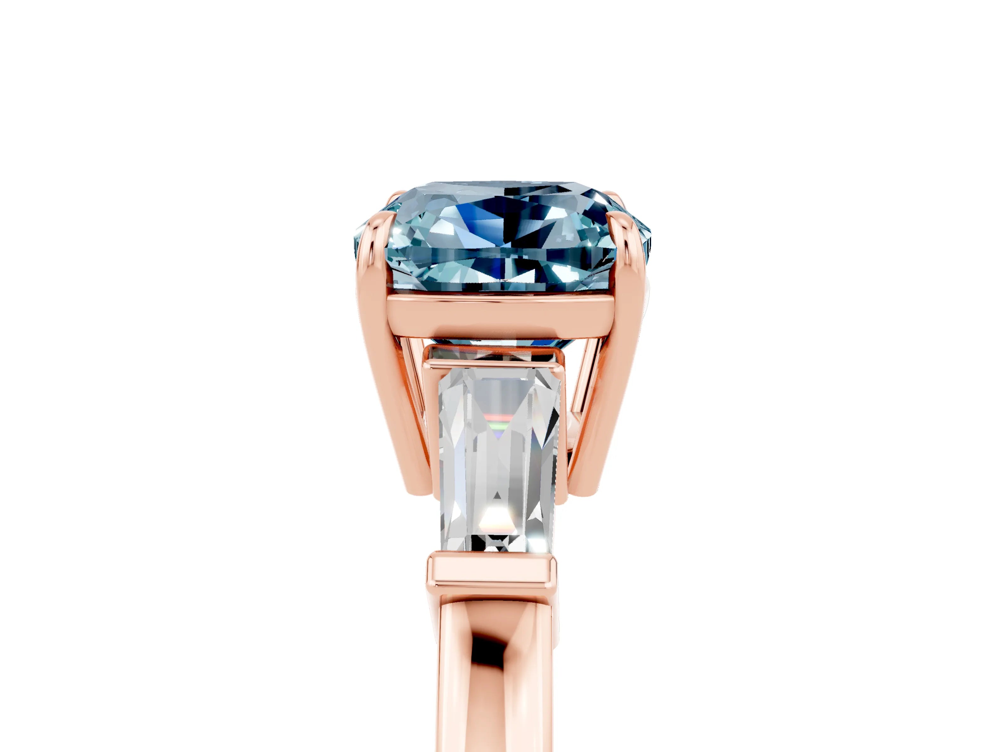 Rose gold Cushion Cut Cut Diamond Ring with Tapered Baguette Side Stones in Four-Prong Setting_5