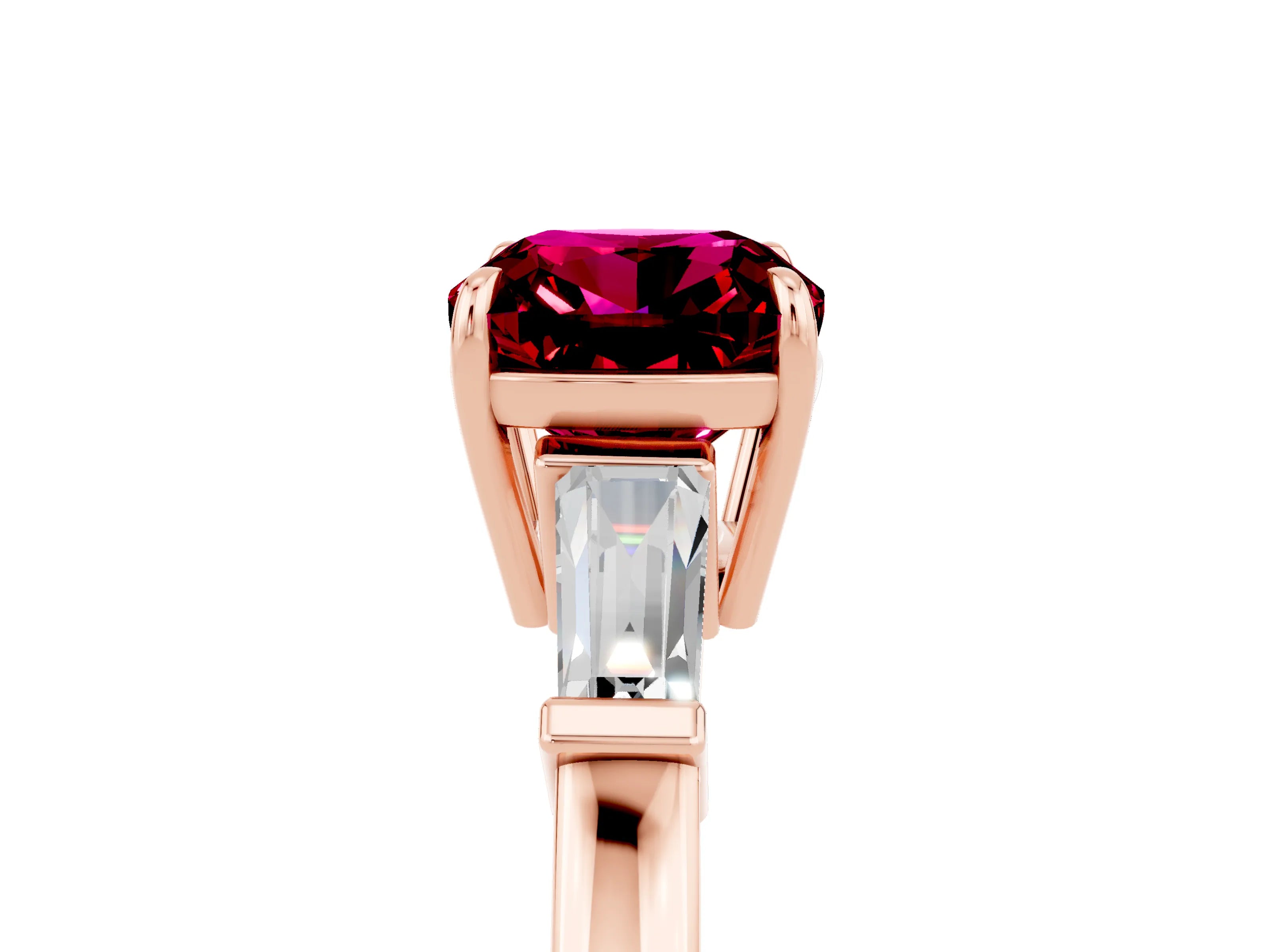 Rose gold Cushion Cut Cut Diamond Ring with Tapered Baguette Side Stones in Four-Prong Setting_5