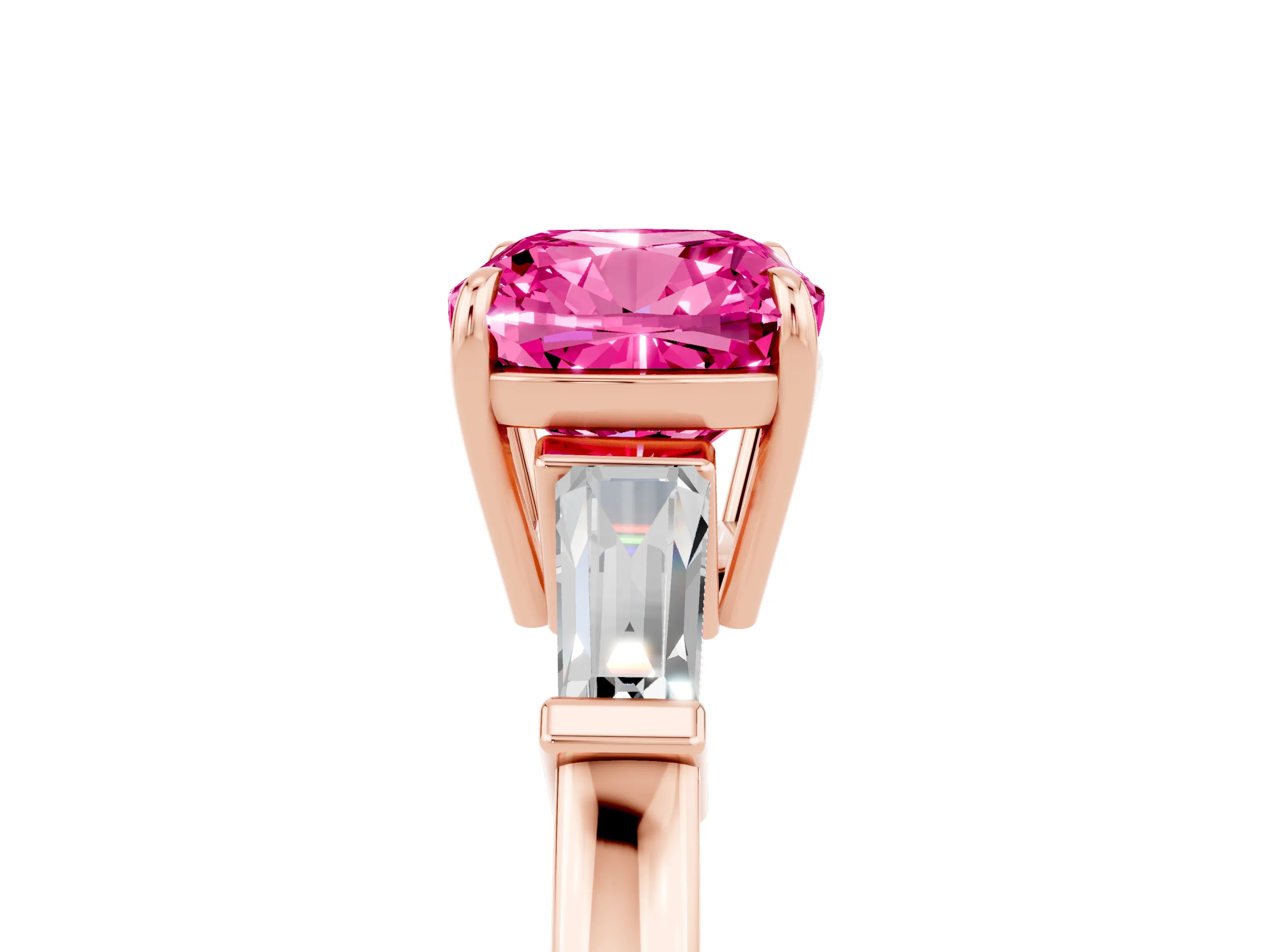 Rose gold Cushion Cut Cut Diamond Ring with Tapered Baguette Side Stones in Four-Prong Setting_5