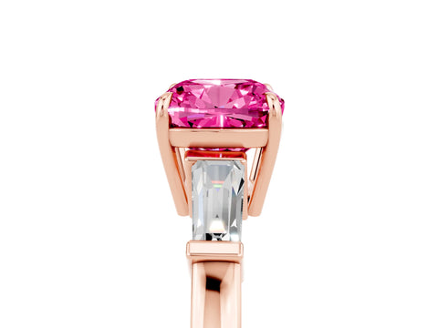 Rose gold Cushion Cut Cut Diamond Ring with Tapered Baguette Side Stones in Four-Prong Setting_5