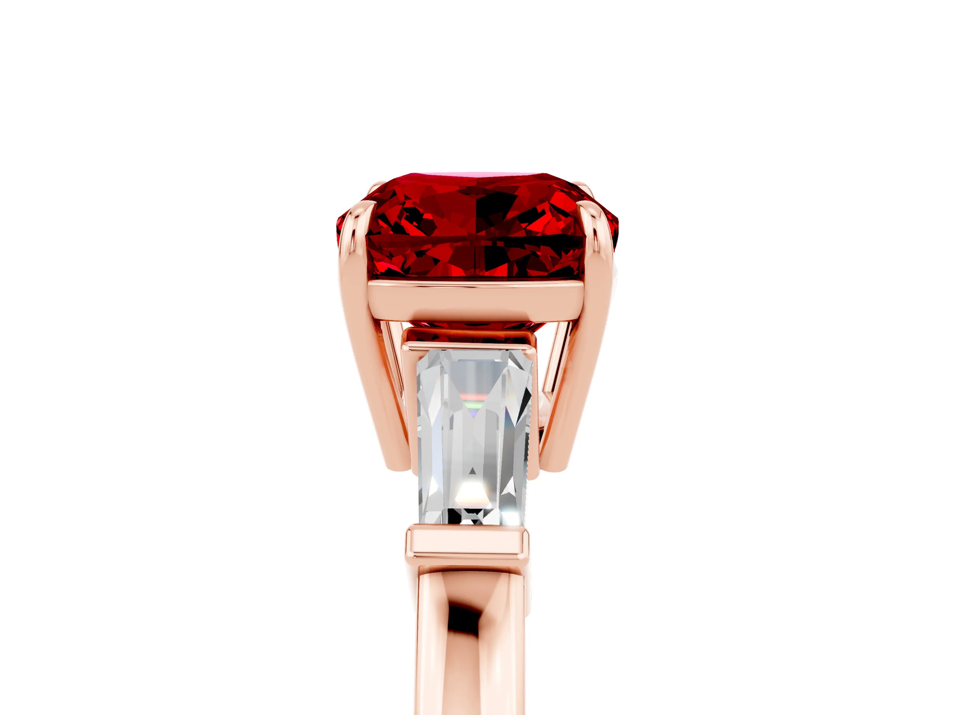 Rose gold Cushion Cut Cut Diamond Ring with Tapered Baguette Side Stones in Four-Prong Setting_5