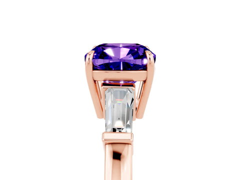 Rose gold Cushion Cut Cut Diamond Ring with Tapered Baguette Side Stones in Four-Prong Setting_5