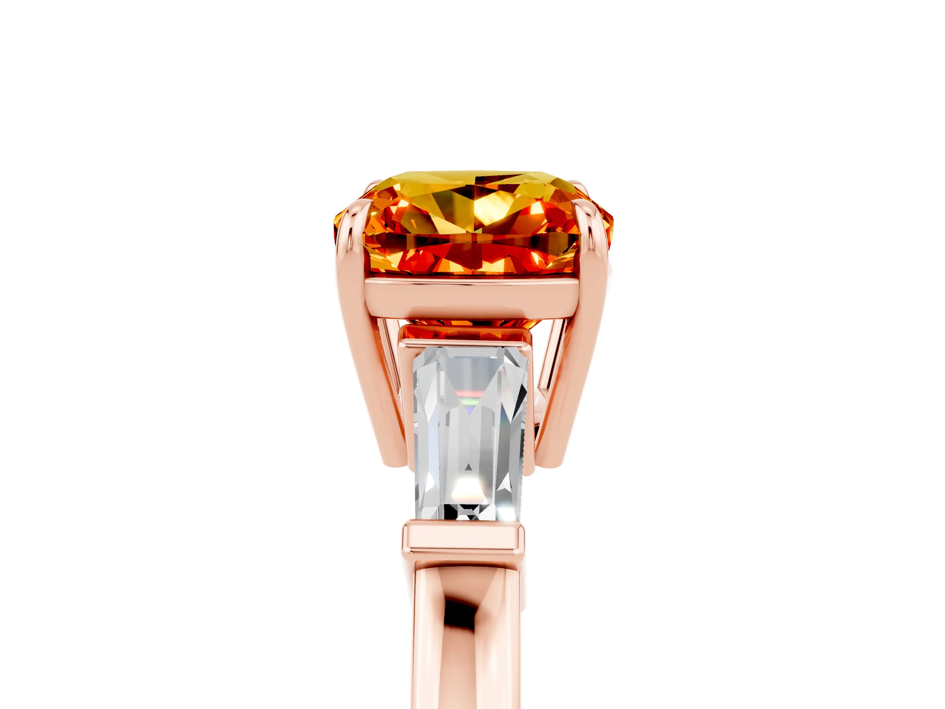 Rose gold Cushion Cut Cut Diamond Ring with Tapered Baguette Side Stones in Four-Prong Setting_5