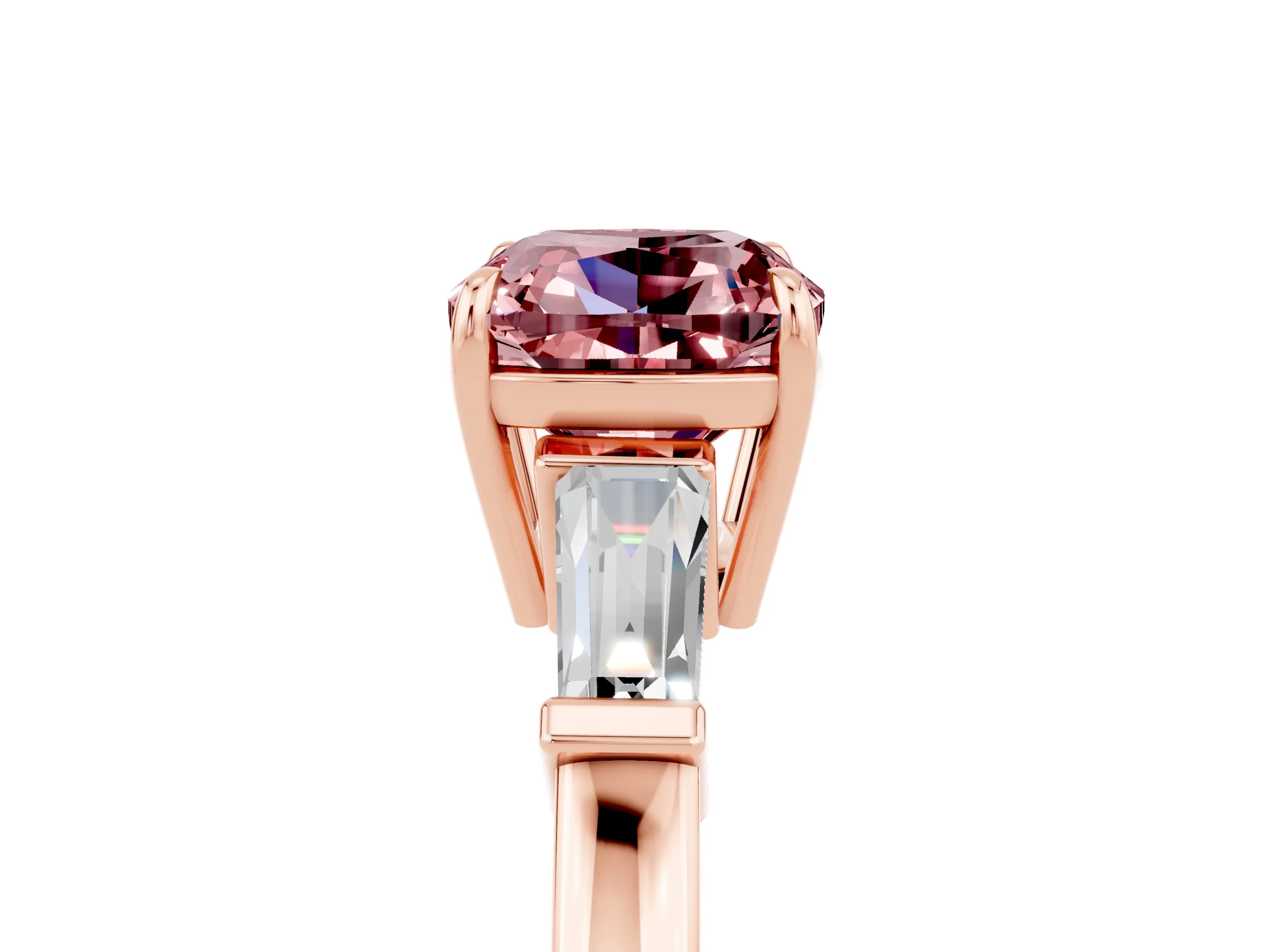 Rose gold Cushion Cut Cut Diamond Ring with Tapered Baguette Side Stones in Four-Prong Setting_5