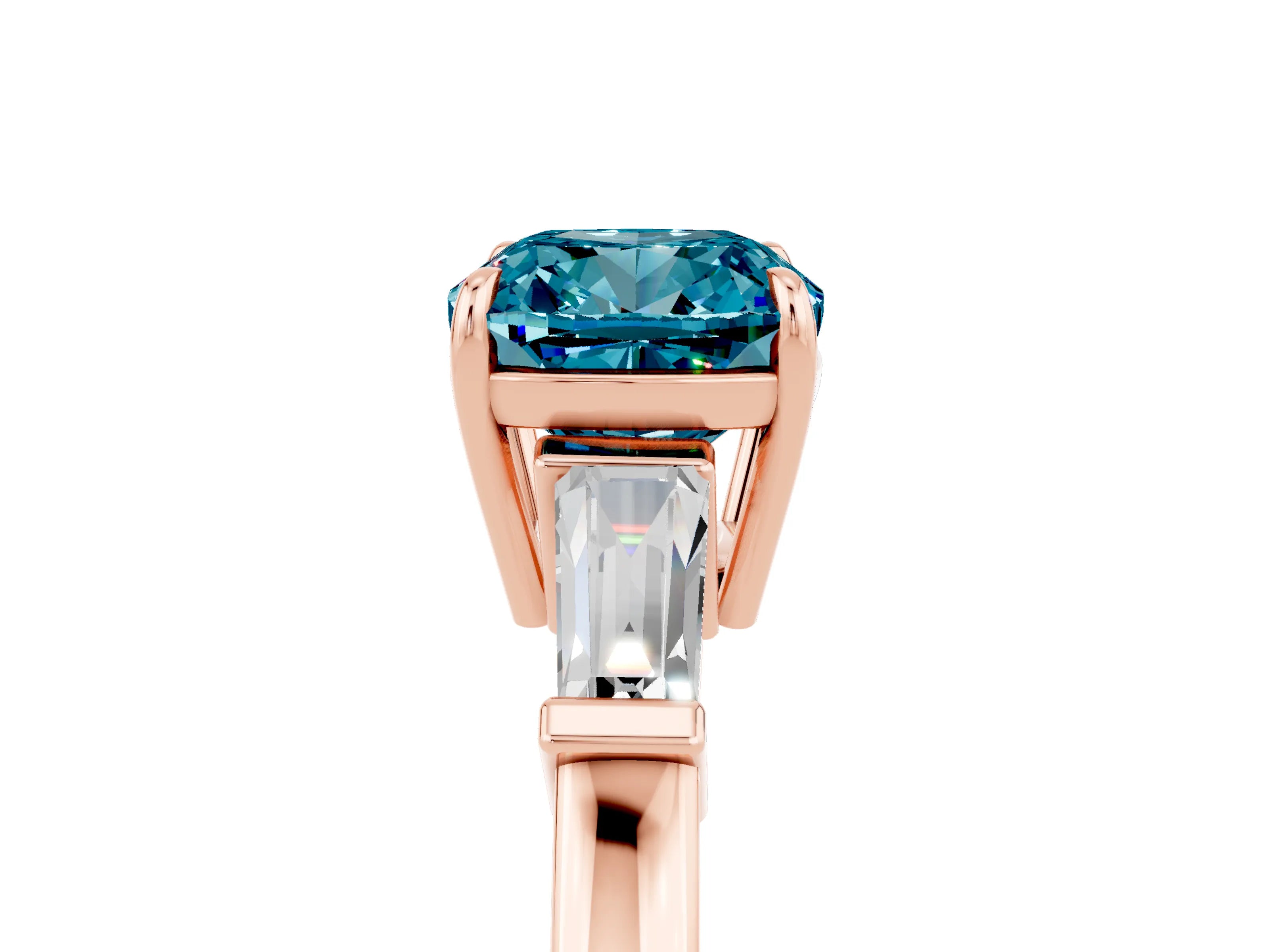 Rose gold Cushion Cut Cut Diamond Ring with Tapered Baguette Side Stones in Four-Prong Setting_5