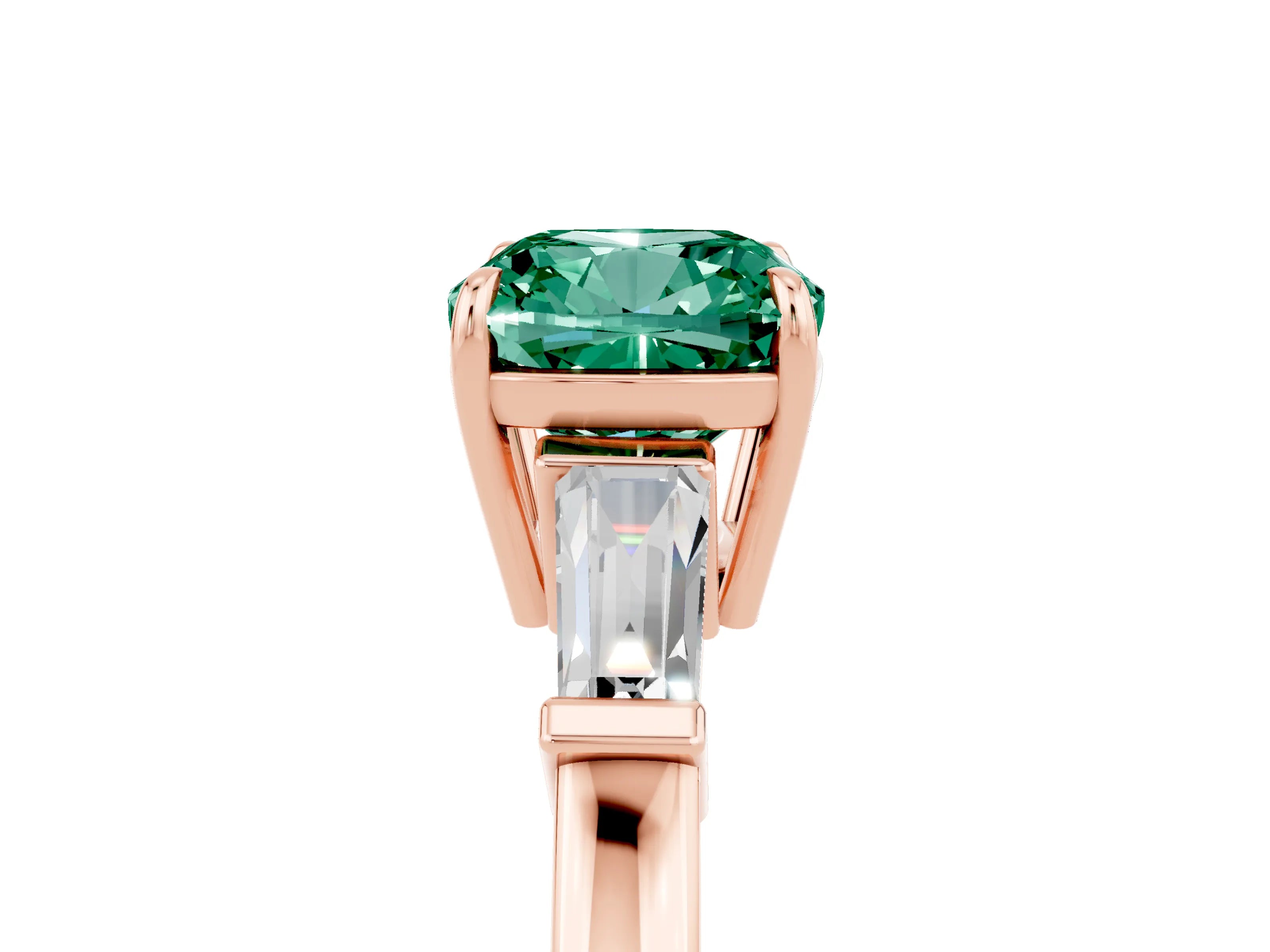 Rose gold Cushion Cut Cut Diamond Ring with Tapered Baguette Side Stones in Four-Prong Setting_5