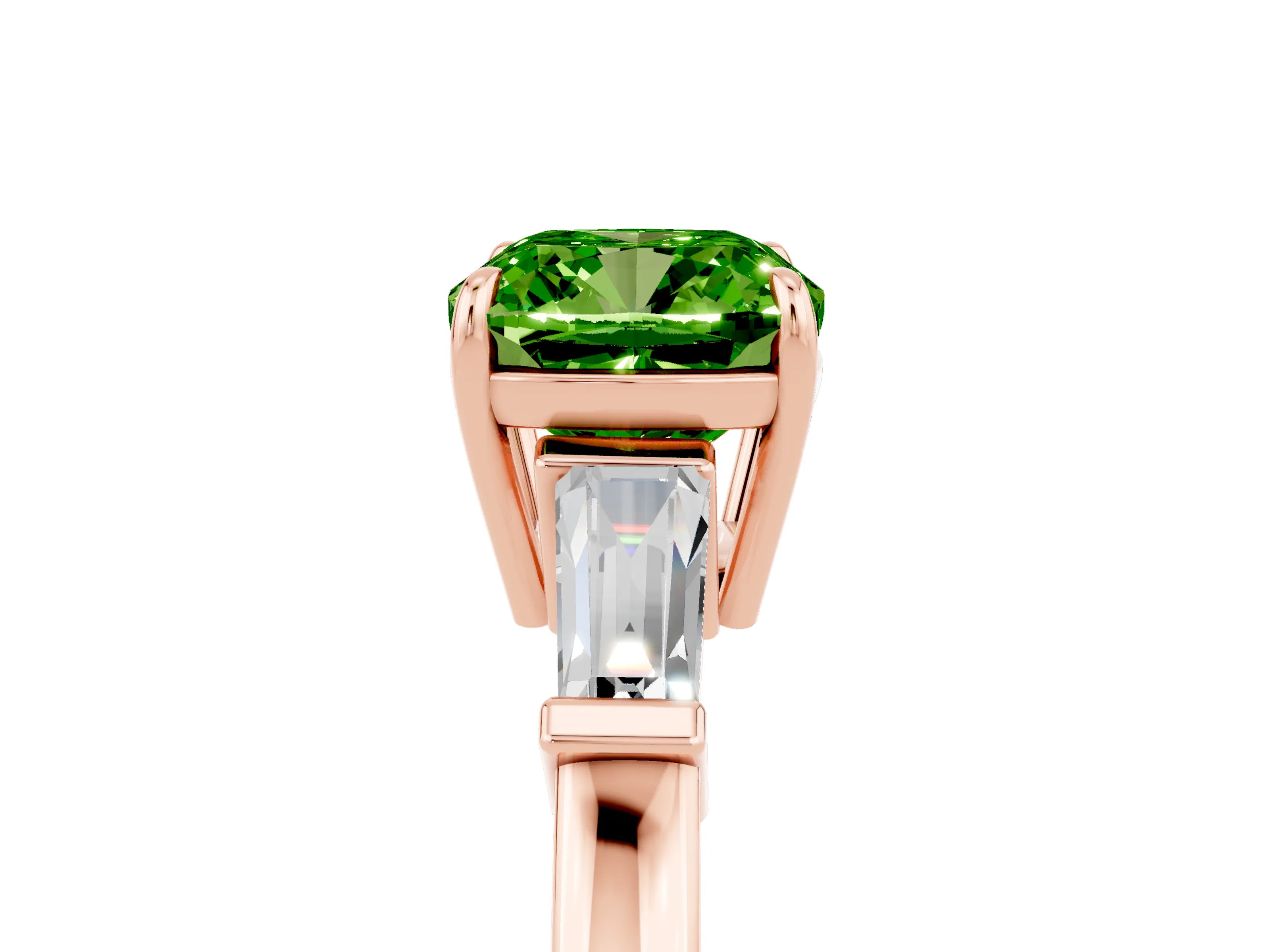 Rose gold Cushion Cut Cut Diamond Ring with Tapered Baguette Side Stones in Four-Prong Setting_5