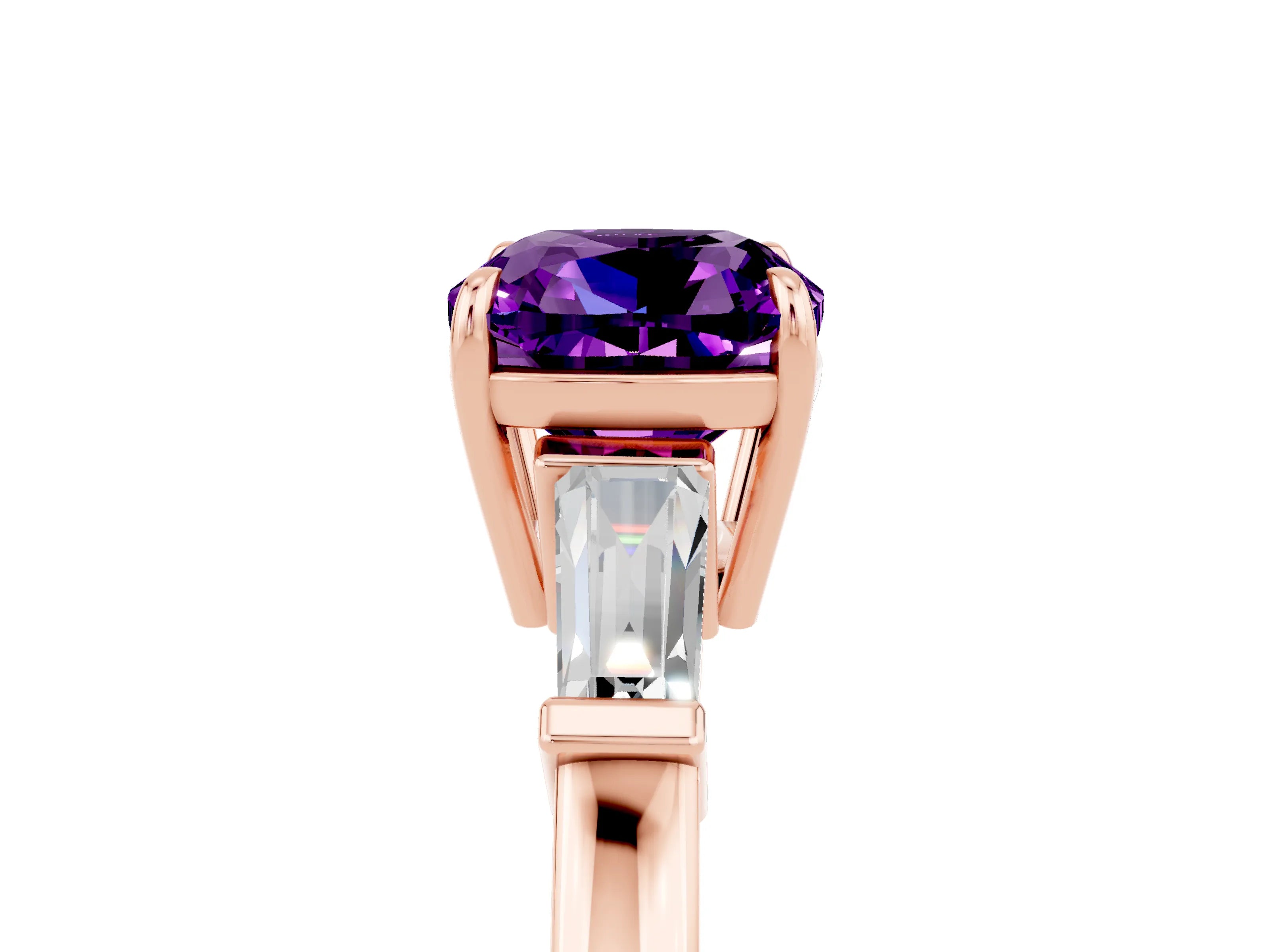 Rose gold Cushion Cut Cut Diamond Ring with Tapered Baguette Side Stones in Four-Prong Setting_5