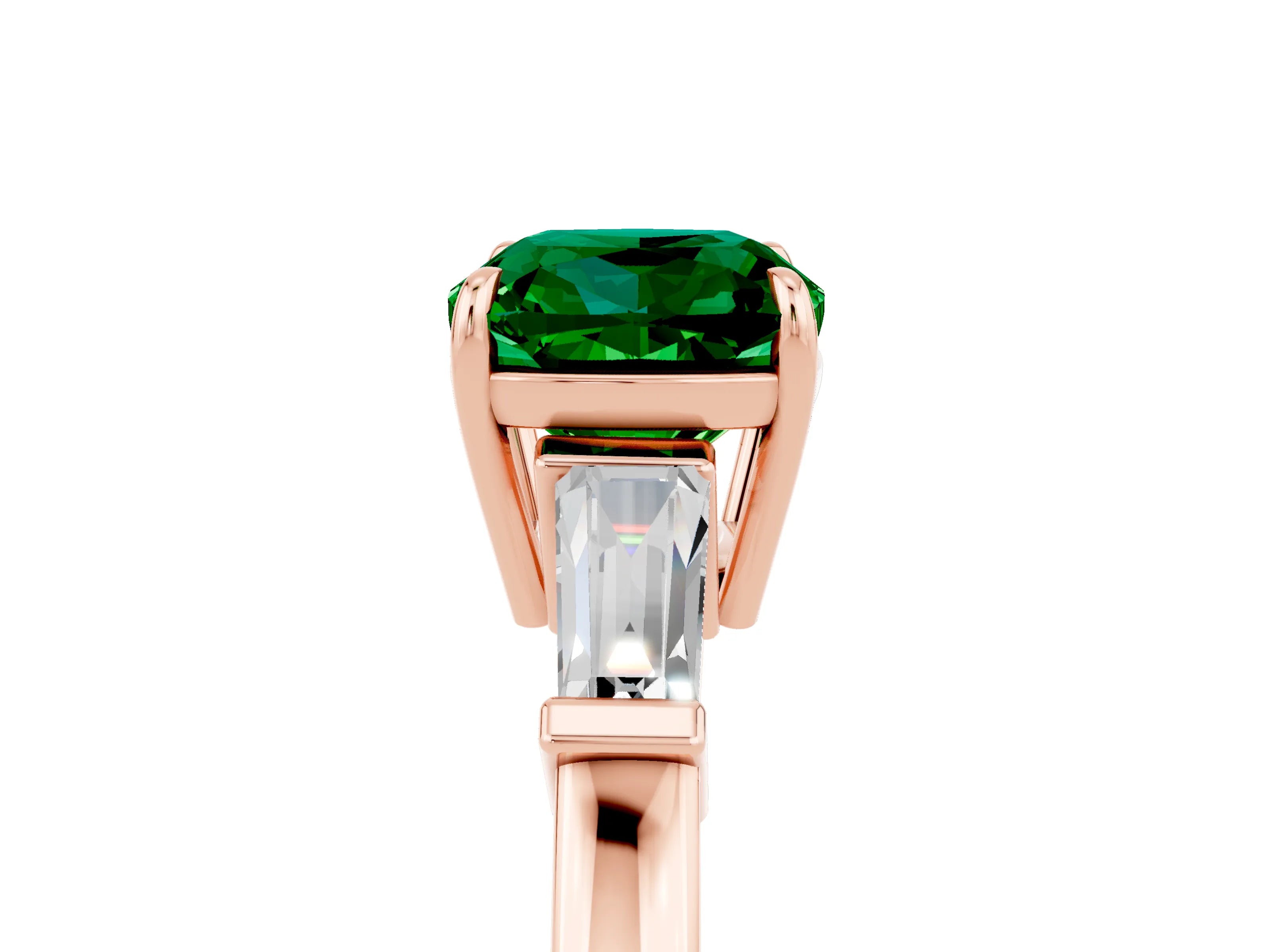 Rose gold Cushion Cut Cut Diamond Ring with Tapered Baguette Side Stones in Four-Prong Setting_5