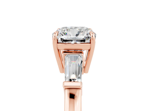 Rose gold Cushion Cut Cut Diamond Ring with Tapered Baguette Side Stones in Four-Prong Setting_5