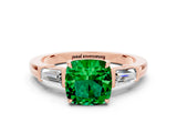 Rose gold Cushion Cut Cut Diamond Ring with Tapered Baguette Side Stones in Four-Prong Setting