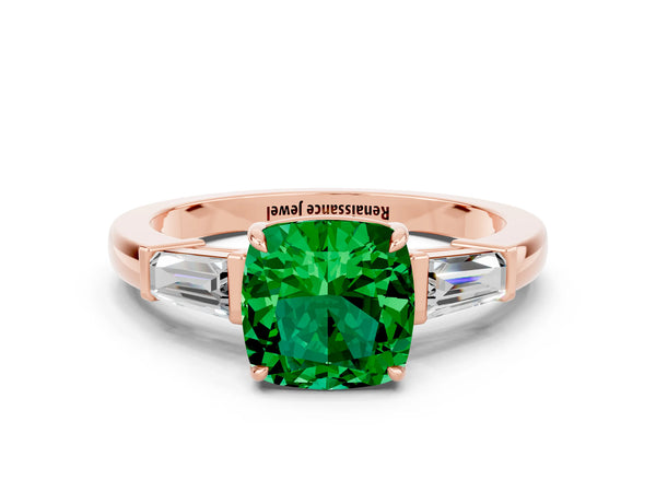 Rose gold Cushion Cut Emerald Three-Stone Ring with Tapered Baguette Side Stones and Prong Setting