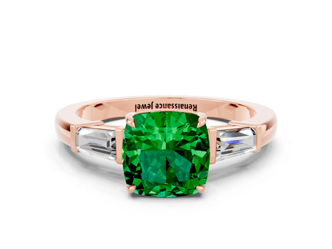 Rose gold Cushion Cut Cut Diamond Ring with Tapered Baguette Side Stones in Four-Prong Setting