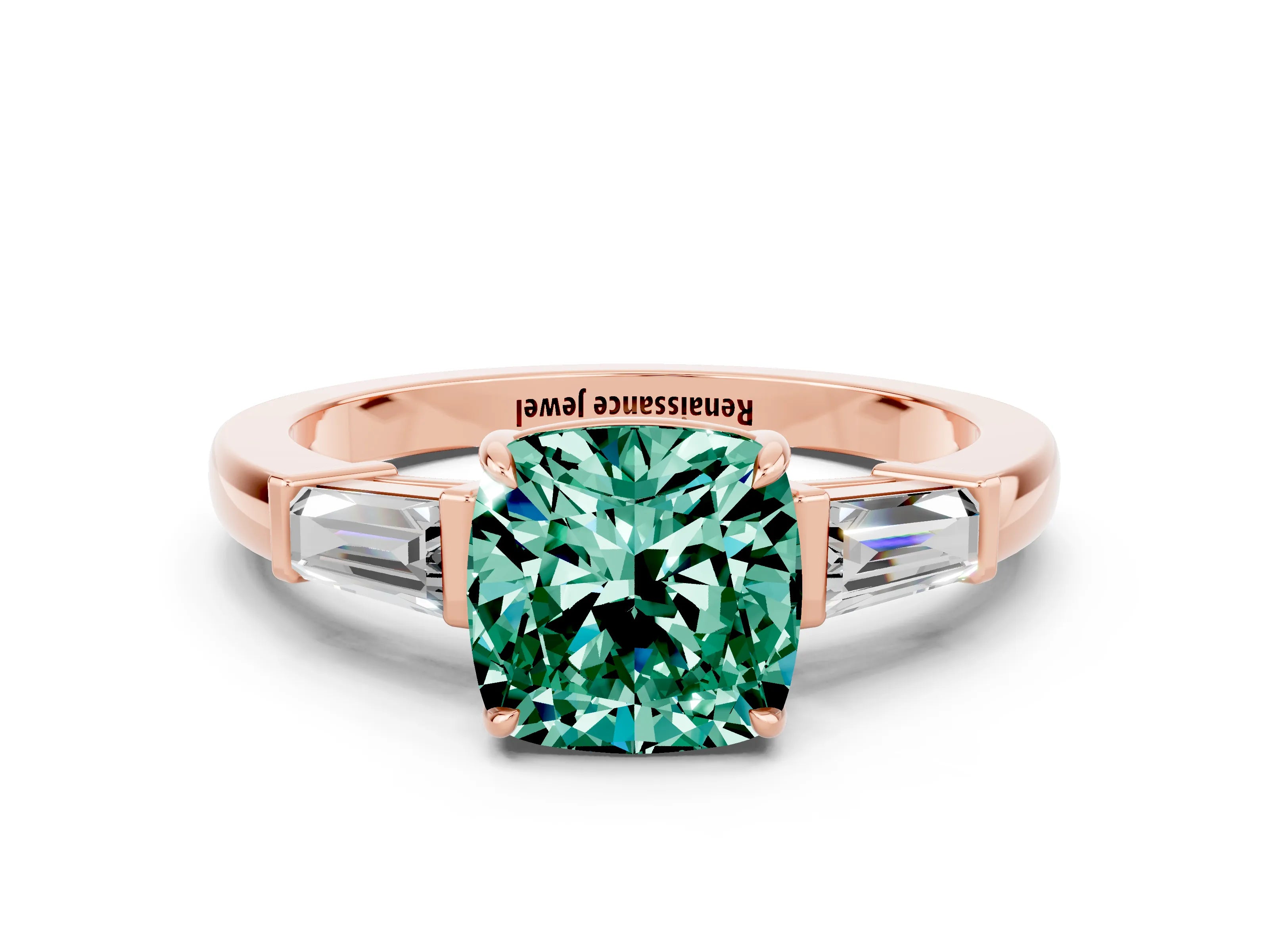 Rose gold Cushion Cut Cut Diamond Ring with Tapered Baguette Side Stones in Four-Prong Setting