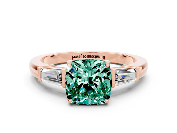 Rose gold Cushion Cut Green Sapphire Three-Stone Ring with Tapered Baguette Side Stones and Prong Setting