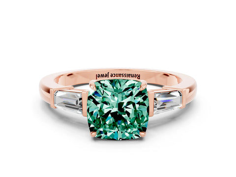 Rose gold Cushion Cut Cut Diamond Ring with Tapered Baguette Side Stones in Four-Prong Setting