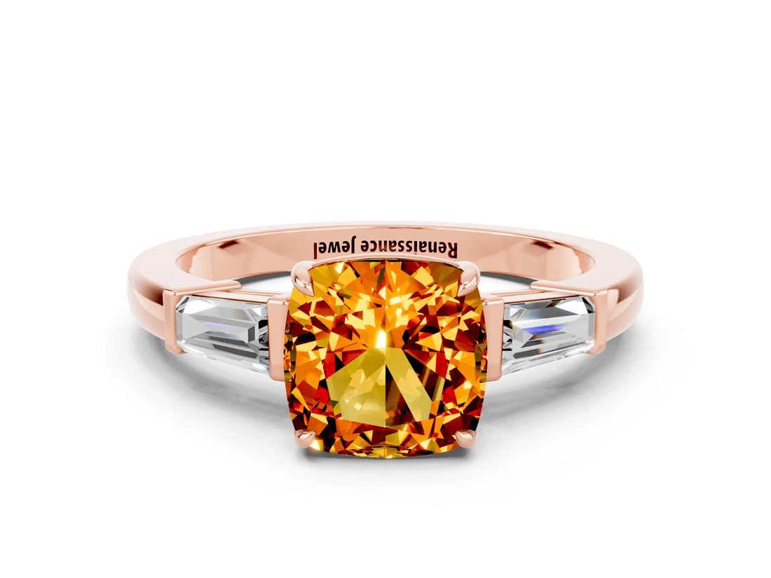 Rose gold Cushion Cut Cut Diamond Ring with Tapered Baguette Side Stones in Four-Prong Setting