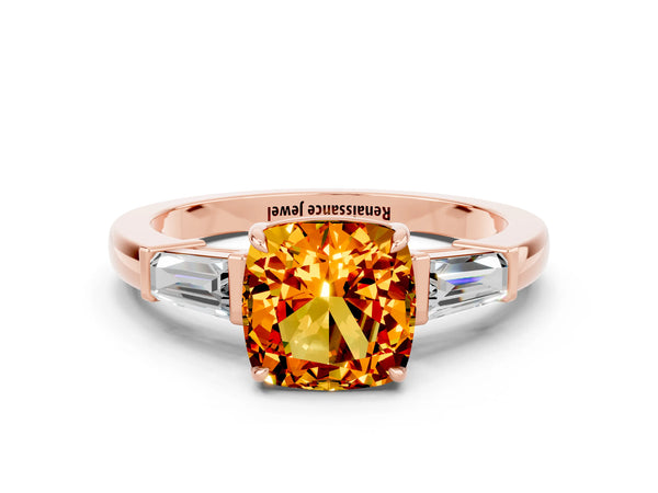 Rose gold Cushion Cut Citrine Three-Stone Ring with Tapered Baguette Side Stones and Prong Setting