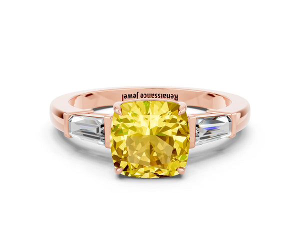 Rose gold Cushion Cut Yellow Sapphire Three-Stone Ring with Tapered Baguette Side Stones and Prong Setting