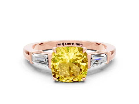 Rose gold Cushion Cut Cut Diamond Ring with Tapered Baguette Side Stones in Four-Prong Setting