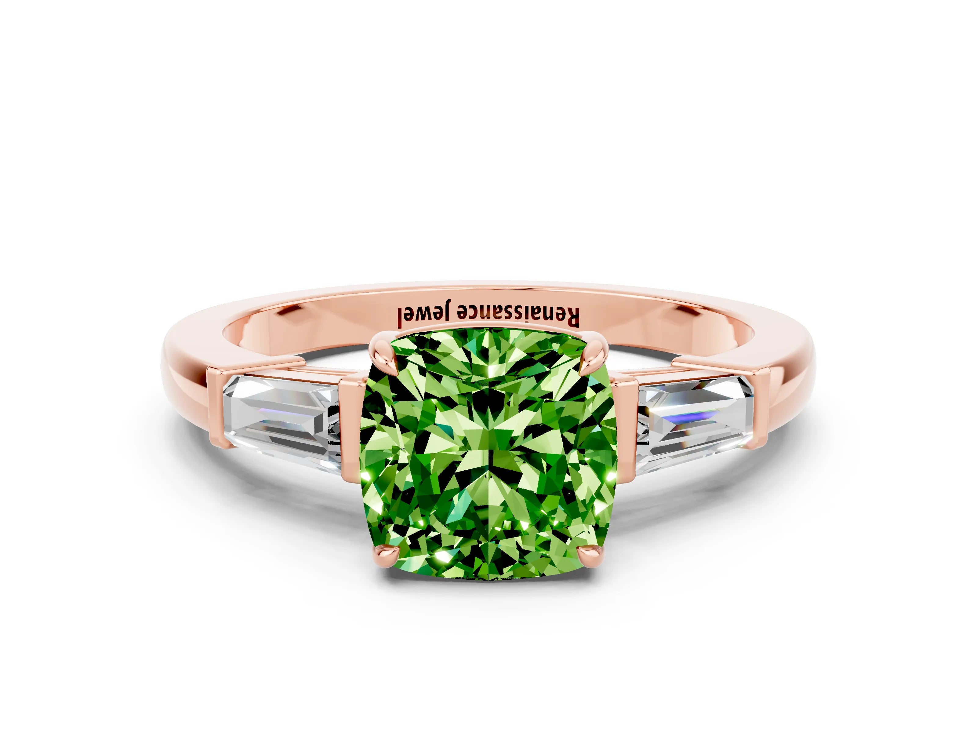 Rose gold Cushion Cut Cut Diamond Ring with Tapered Baguette Side Stones in Four-Prong Setting