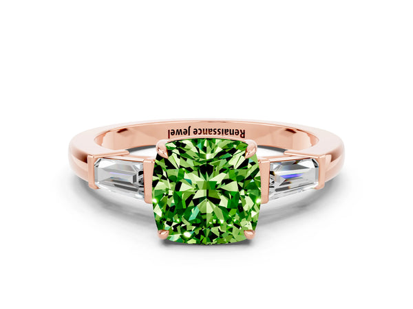 Rose gold Cushion Cut Cut Diamond Ring with Tapered Baguette Side Stones in Four-Prong Setting