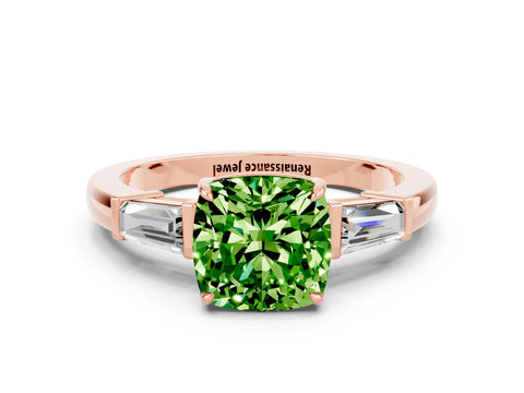 Rose gold Cushion Cut Cut Diamond Ring with Tapered Baguette Side Stones in Four-Prong Setting
