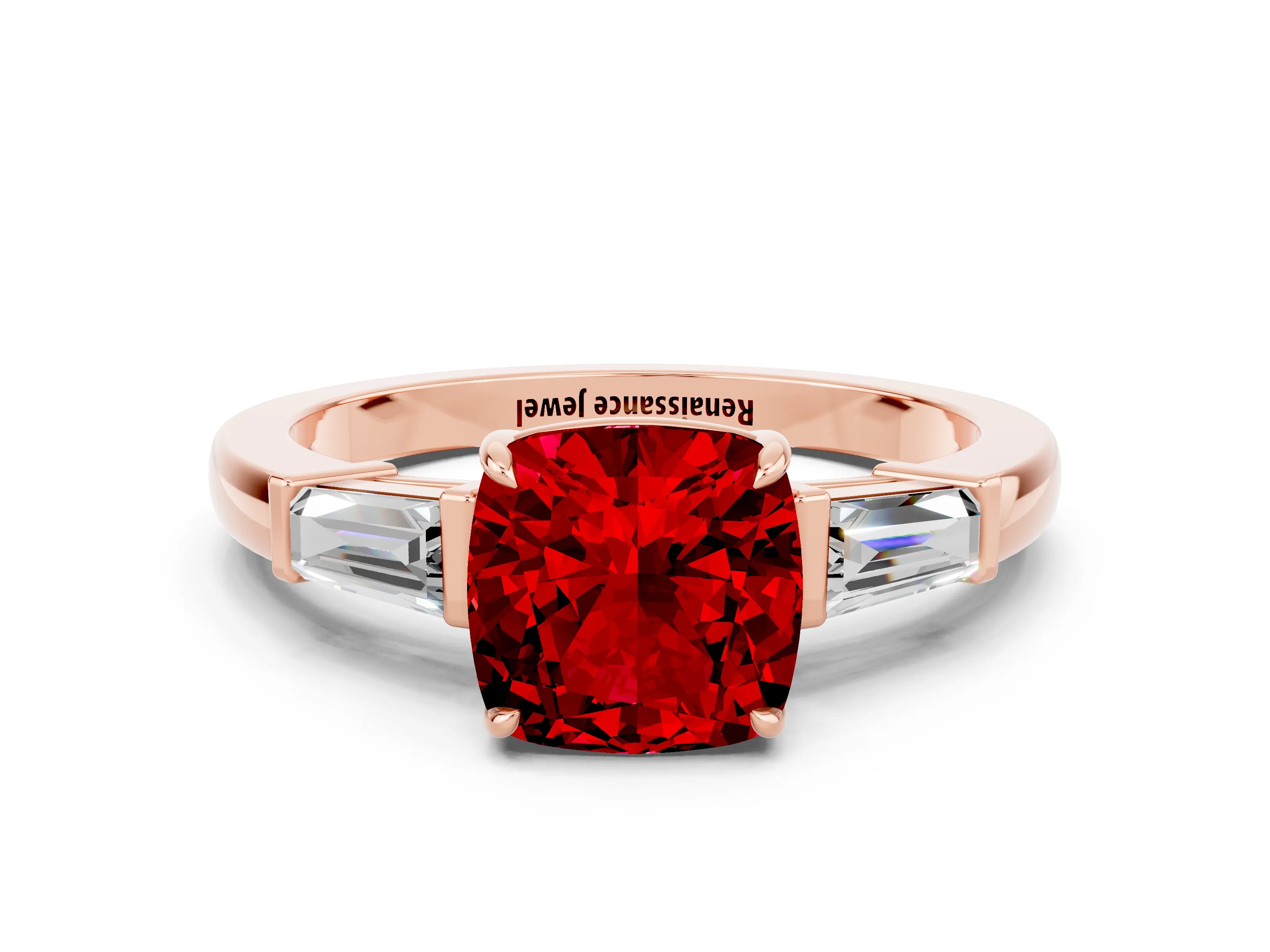 Rose gold Cushion Cut Cut Diamond Ring with Tapered Baguette Side Stones in Four-Prong Setting